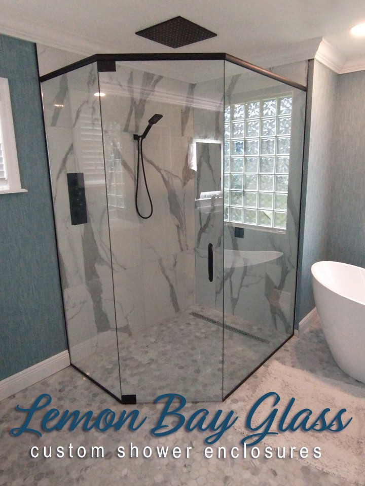 Lemon-Bay-Glass_neo-angled-enclosures_Dark-Hinged-Shower-Door-copy