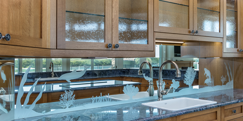 Lemon Bay Glass - Custom Glass Solutions - Etched Mirror Backsplash - Glass Cabinet fronts