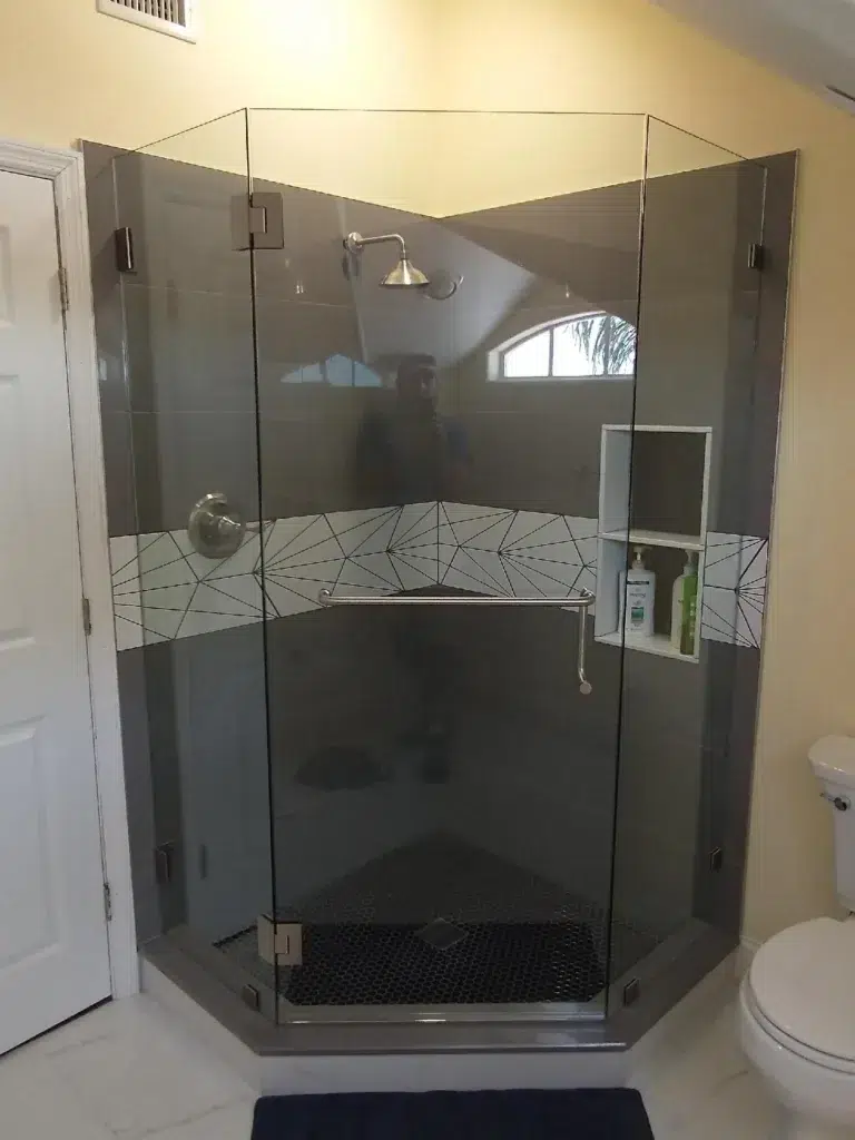 Frameless shower enclosures, Neo Angle shower enclosure, shower door, Englewood shower Enclosures