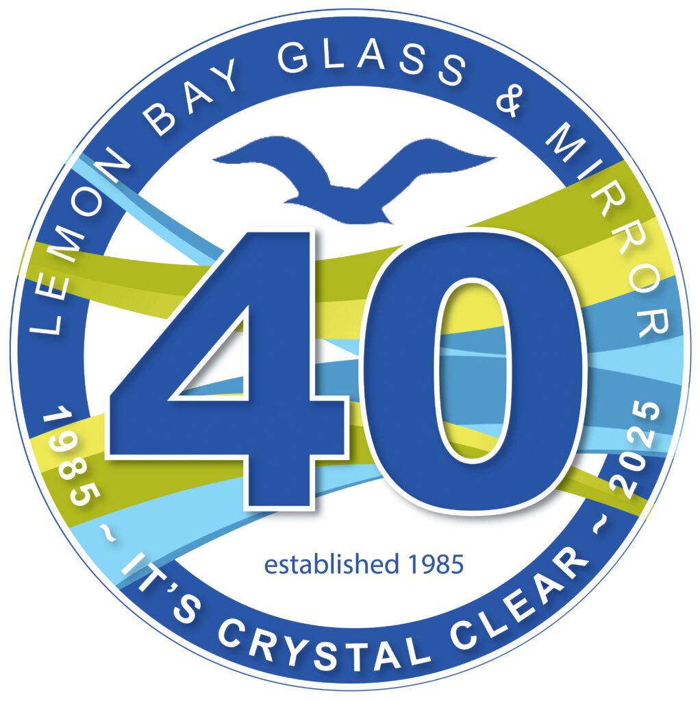 Lemon Bay Glass 40th Anniversary logo celebrating four decades of custom glass solutions in Englewood, FL, including shower enclosures, hurricane windows, and commercial glass installations.