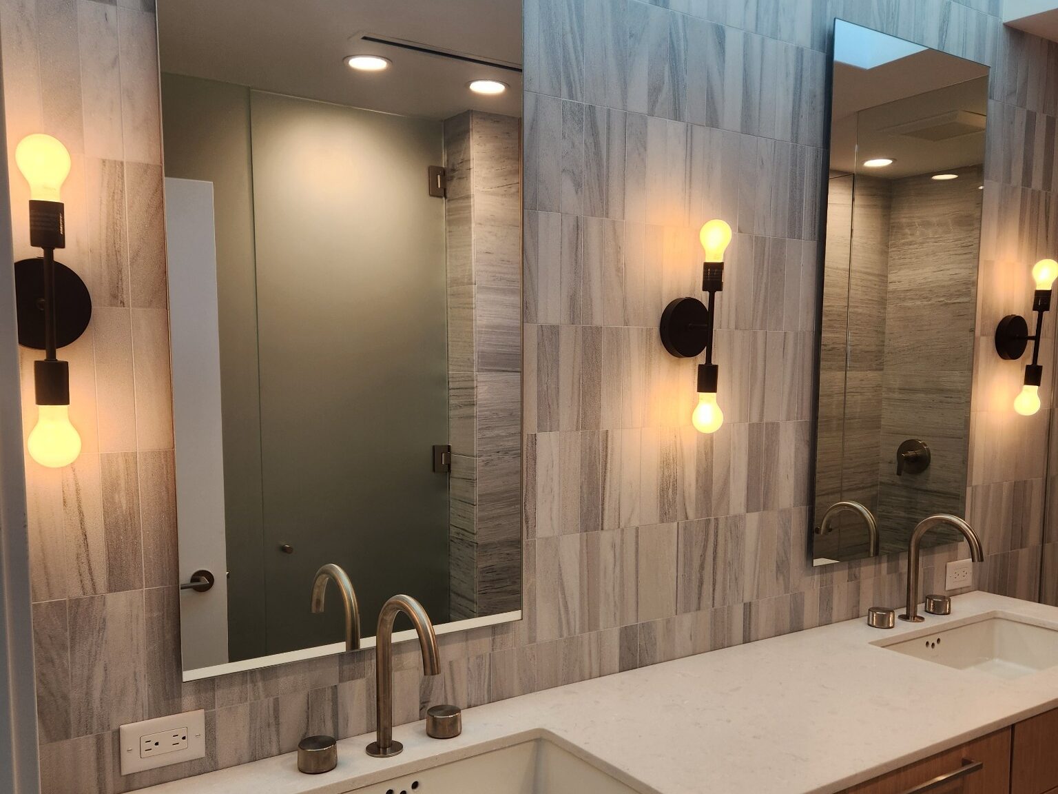 Frameless Vanity Mirror over Dual Sink in Coastal Bathroom